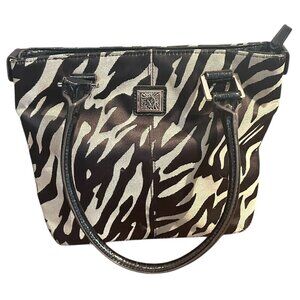 Anne Klein Cut Out Zebra Print Satchel Bag Purse Patent Black Tan Red Interior